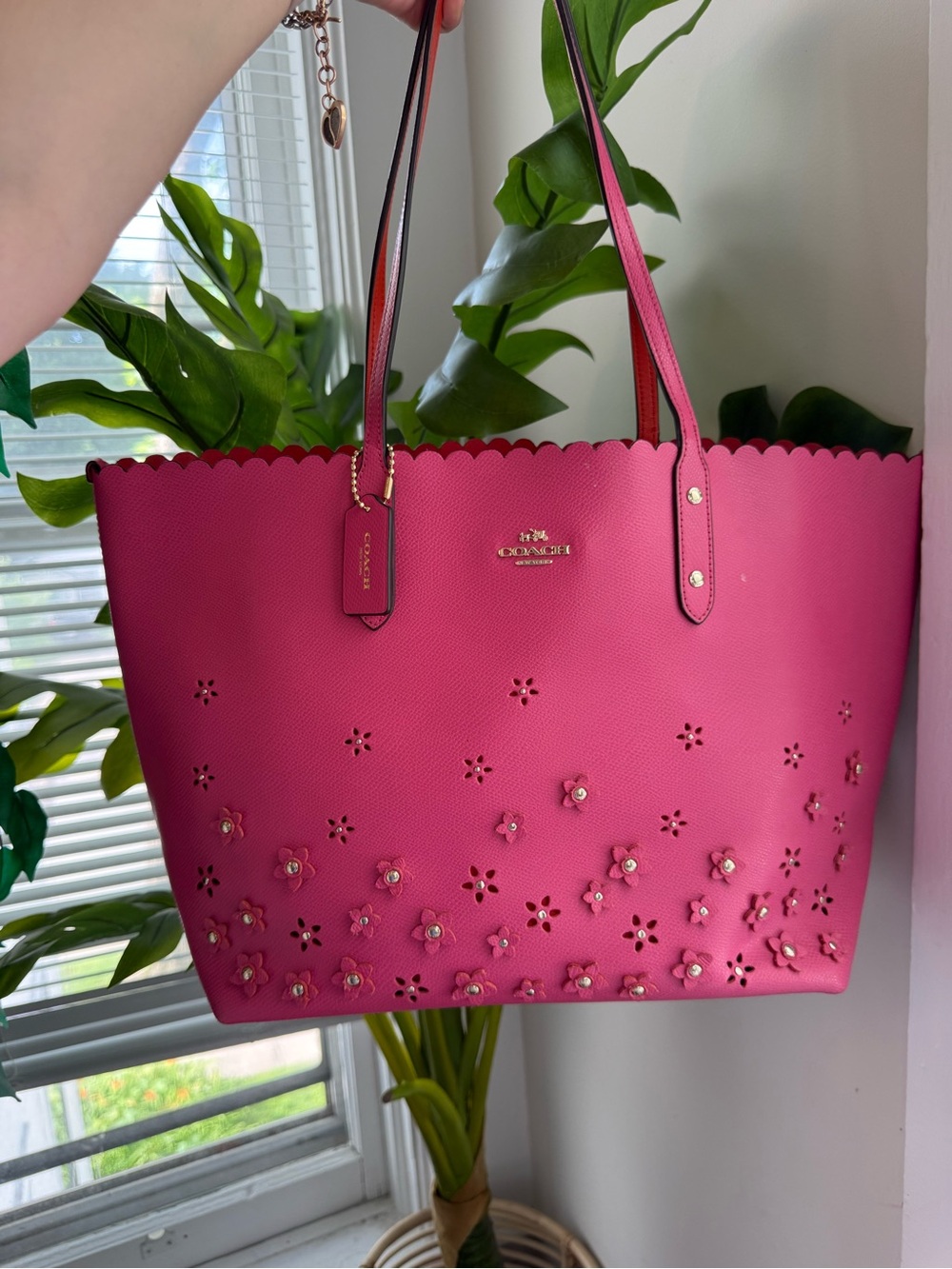 Coach Hot Pink Floral Cutout Tote